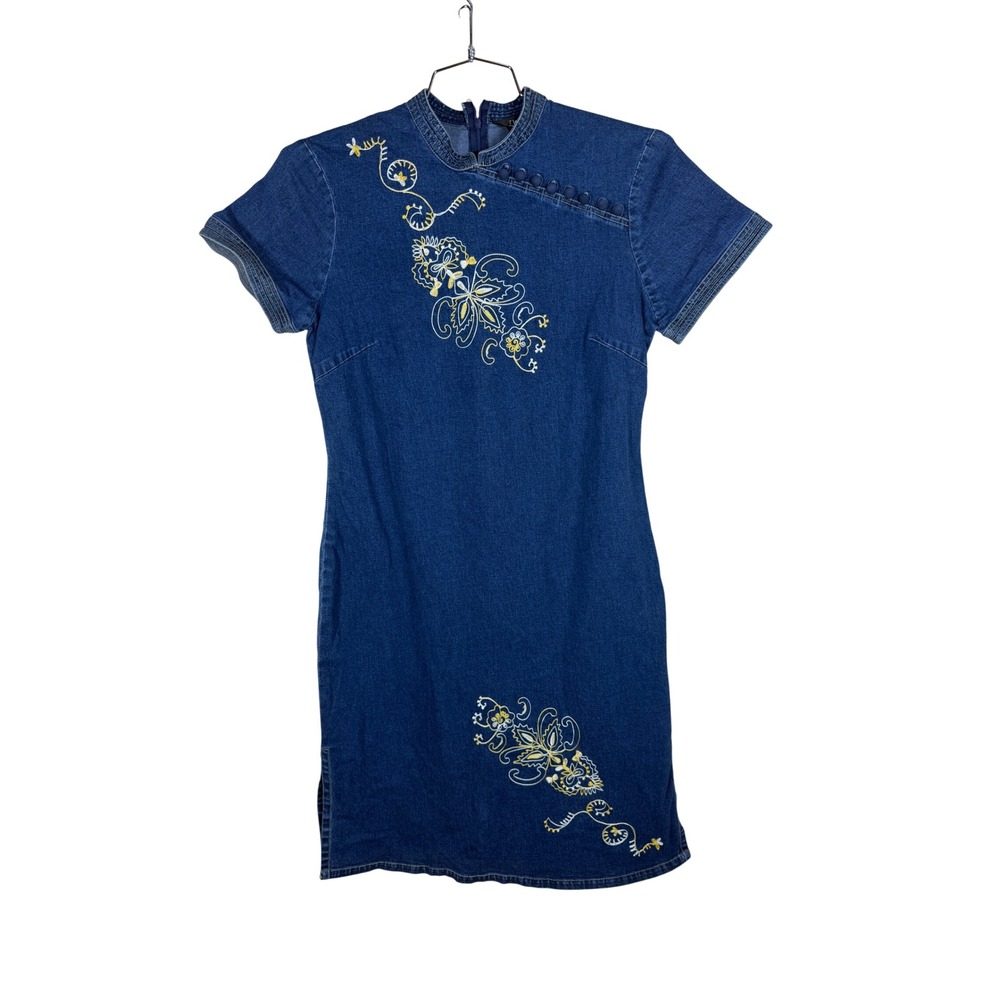 Two Of Us New York Denim Mandarin Collar Floral Embroidered Sheath Dress M